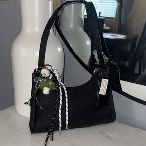 Chic Black Shoulder Bag with Bear Charm